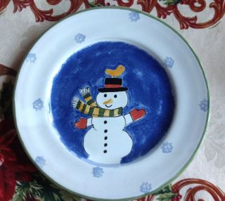 Mesa International 9 " Snowman & Yellow Bird Pottery Plate Signed