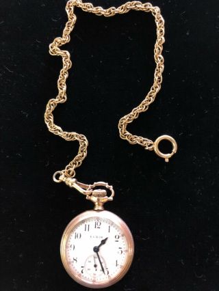 Antique 14k Gf Open Faced Pocket Watch With Chain,  Runs