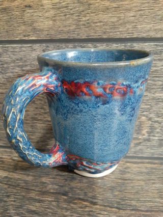 Handmade Pottery Coffee Mug By Tori 2005 Blue Red Fire Look Ceramic 8 Oz