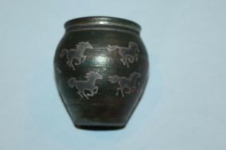 Hand Made 3.  75 " Vase Black Ceramic Iridescent Glaze Running Horses Design