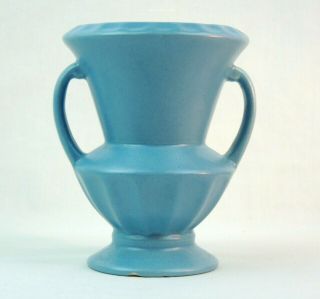 Vtg Haeger Pottery Vase Light Blue Matte Ribbed Footed Double Handle Art Deco 6 "