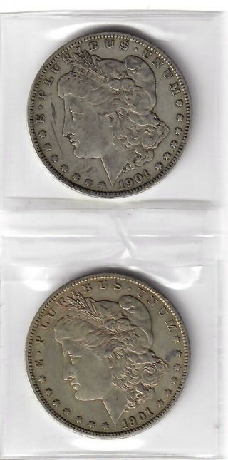 Us Two (2) Morgan Silver Dollars Dated 1901 - O (vf) And 1901 - S (vf/xf)