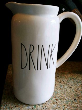 Rae Dunn “drink” Tall Pitcher Beverage Server Ivory Ceramic Black Ll