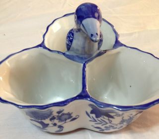 Formalities By Baum Bros.  Porcelain 3 Hole Vase Blue White Floral,  Bird In Center