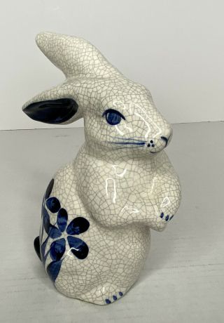 Dedham Pottery The Potting Shed Crackle Bunny Rabbit Figurine Lm 01 Usa,  7” Tall