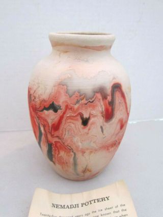 Nemadji Pottery Native Art Tall Vase Red Black Gray Swirl Abstract 7 " Tall
