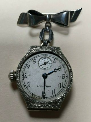 Antique Lady Waltham Pocket Watch W/sterling Silver Bow Pin,
