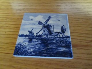 Vintage Dutch Delft Blauw Tile Hand Painted Made In Holland Windmill