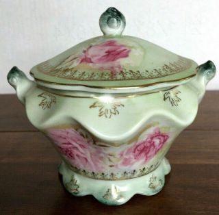 Elegant Hand Painted Nippon Porcelain Covered Sugar Bowl Green W/ Pink Roses