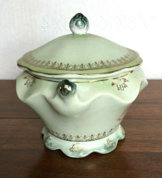 Elegant Hand Painted Nippon Porcelain Covered Sugar Bowl Green w/ Pink Roses 2