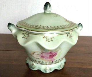 Elegant Hand Painted Nippon Porcelain Covered Sugar Bowl Green w/ Pink Roses 3