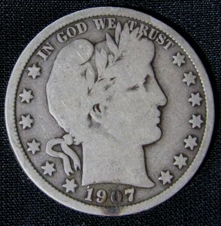 1907 - S 50c Barber Liberty Head Silver Half Dollar An12