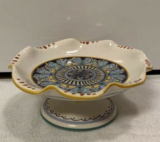 Deruta Italy,  Hand Painted Vibrant Color 8 " Footed & Ruffled Ceramic Serving Tray