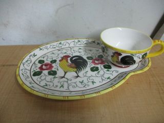 Vintage Ucagco Py Rooster And Roses Snack Set Plate And Cup Estate Find