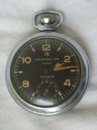 A Vintage Ingersoll Triumph Military Style Black Dial Pocket Watch.