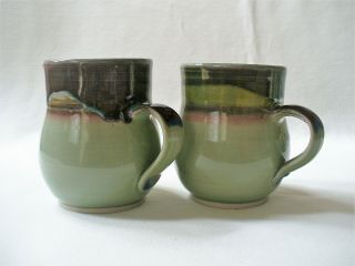 2pc Sage Green Coffee Mugs Hand Thrown Pottery Studio Crafted Signed Drip Glazed