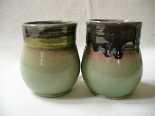 2pc Sage Green COFFEE MUGS Hand Thrown POTTERY Studio Crafted SIGNED Drip Glazed 2