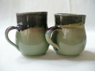 2pc Sage Green COFFEE MUGS Hand Thrown POTTERY Studio Crafted SIGNED Drip Glazed 3