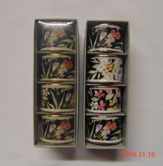 8 Vintage China Napkin Rings Black Floral Gold Trim Japan
