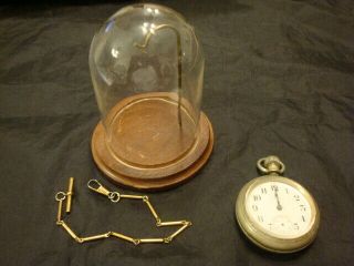 Vintage Elgin 15 Jewels Pocket Watch For Parts/repair Chain & Glass Dome Holder