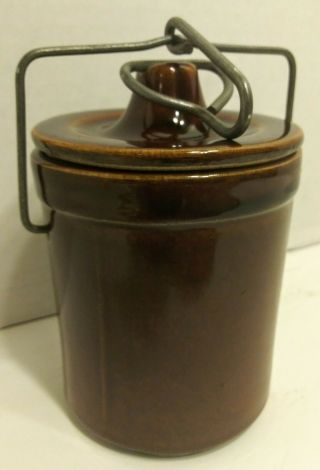 Vintage 5 1/4 " Brown Stoneware Crock With Wire Locking Lid