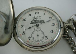 Vintage 1970s Arnex 17j Incabloc Pocket Watch With Train Scene Chain Silverplate