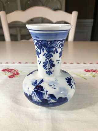 Vintage Elesva Holland Delft Blue Windmill Bud Vase With Floral Accents