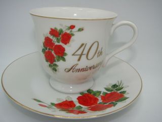 Authentic 40th Wedding Anniversay By Papel China Teacup & Saucer Red Roses