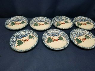 Tienshan Folk Craft " Cabin In The Snow " Blue Spongeware Dessert Plates Set Of 7