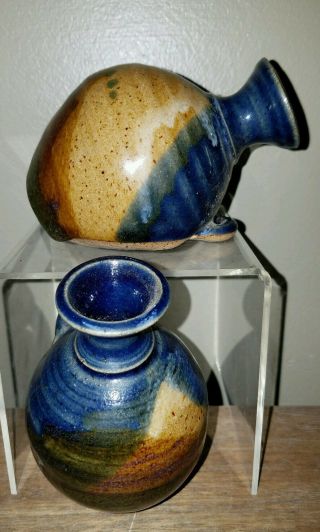 Glazed Pottery Vases / Incense Wall Table Holders Artist Signed Set Of Two