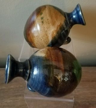 Glazed Pottery Vases / Incense Wall Table Holders Artist Signed Set of Two 3