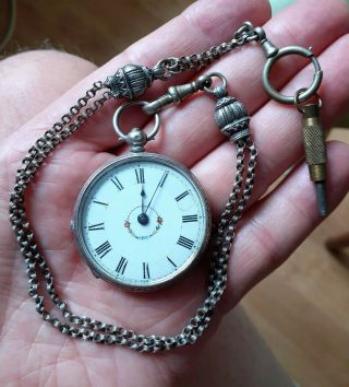 Antique Victorian Ladies Silver Pocket Watch And Silver Chatelaine