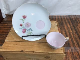 Lefton Hand Painted Snack Luncheon Plate Tea Cup Zinnia Pink Mid Century