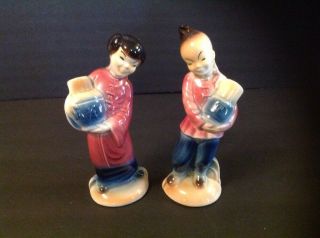 Vintage Royal Copley Asian Oriental Art Pottery Girl & Boy Figurines Set Of 2