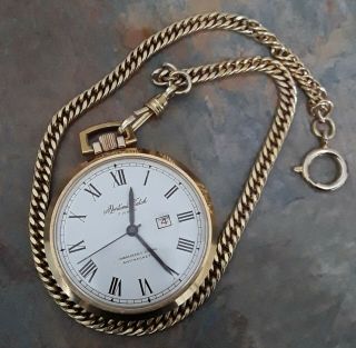 Mortima Watch 17 Jewels Swiss Made Gold Color Case Pocket Watch,  12 Inch Chain