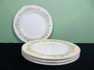 Set Of 4 Style House Contessa China 10 3/4 " Dinner Plates Green Scroll Gold Trim