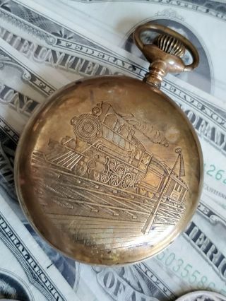 Vintage Train Engraved Philly/keystone Gold Filled Open Face Pocket Watch Case.