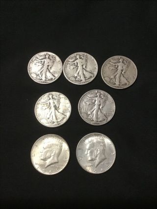 7 Half Dollars 90 Silver - 5 Walkers 1935,  35s,  36,  45,  46; 2 Kennedy 1964,  64d