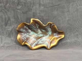 Vintage Stangl Pottery Leaf Dish Trenton Nj Gold And Aqua Small Trinket Tray