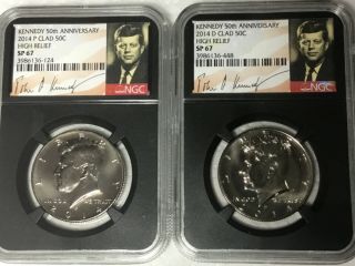 2014 P&d Clad 50c High Relief Kennedy 50th Anniv.  Set Ngc Sp67 Retro Holders