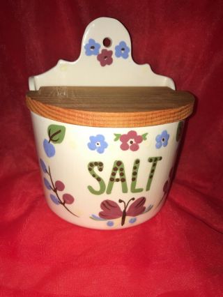 California Cleminsons Pottery Wall Mount Salt Box With Wooden Top