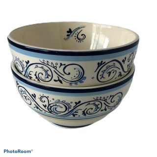2 BETTER HOMES AND GARDENS Cereal Bowls RENES BLUE AND YELLOW SCROLL 2