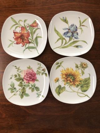 I.  Godinger Porcelain Set 4 Square Plates Luncheon Rose Iris Sunflower Lily Euc