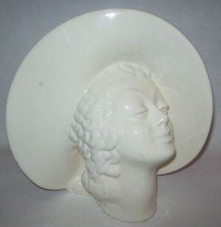 Mid Century Art Deco Lady Head Vase Wide Brimmed Hat White
