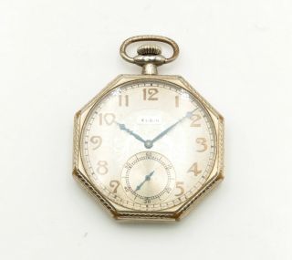 Vintage Elgin 12s 17j Art Deco Octagonal Open Face Pocket Watch 1928 8614 - 6