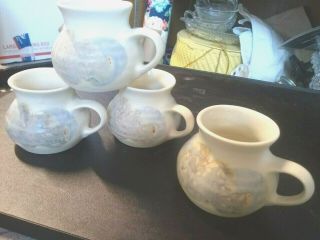 4 Hand Crafted Studio Art Pottery Coffee Mugs,  Cups - Signed Ks Pastels On White