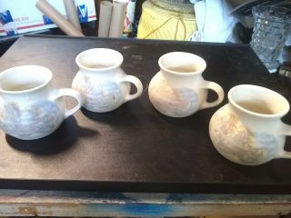 4 Hand Crafted Studio Art Pottery Coffee Mugs,  Cups - Signed KS PASTELS ON WHITE 2