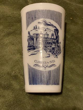 Hazel Atlas Blue And White Milk Glass Currier & Ives Tumblers For Royal China