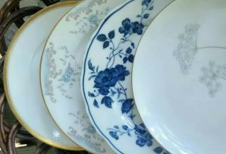 4 Vintage Mismatched China Dessert Bread Cake Plates - Blue White Gray