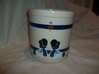 Vintage Rrp Co Pottery Crock Blue Stripe Hand Painted Colleen Heart Kids 303 F